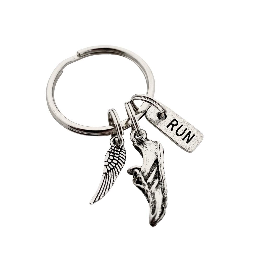 3400 WING SHOE RUN Key Chain - Pewter Wing Charm, Pewter Running Shoe Charm